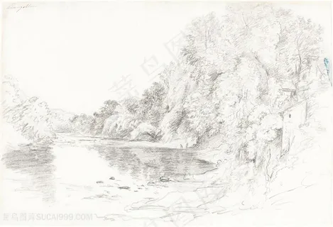 水墨素描河流装饰画