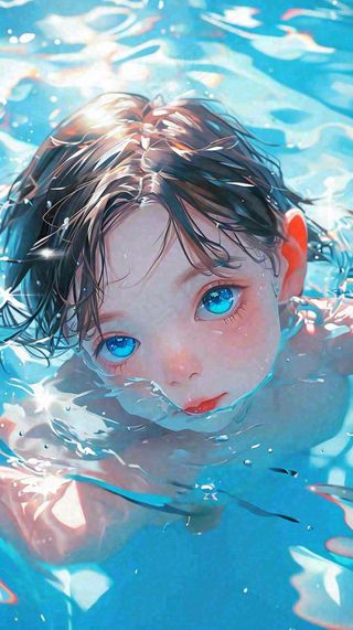 夏天儿童男孩水里游泳戏水，小暑大暑