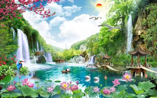 流水生财瀑布荷花天鹅桥风景