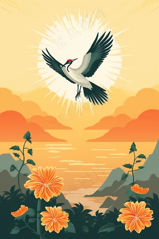 秋季鲜花盛开菊花仙鹤鸟重阳素材插画背景