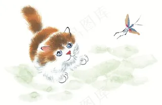 水墨猫欣赏花素材