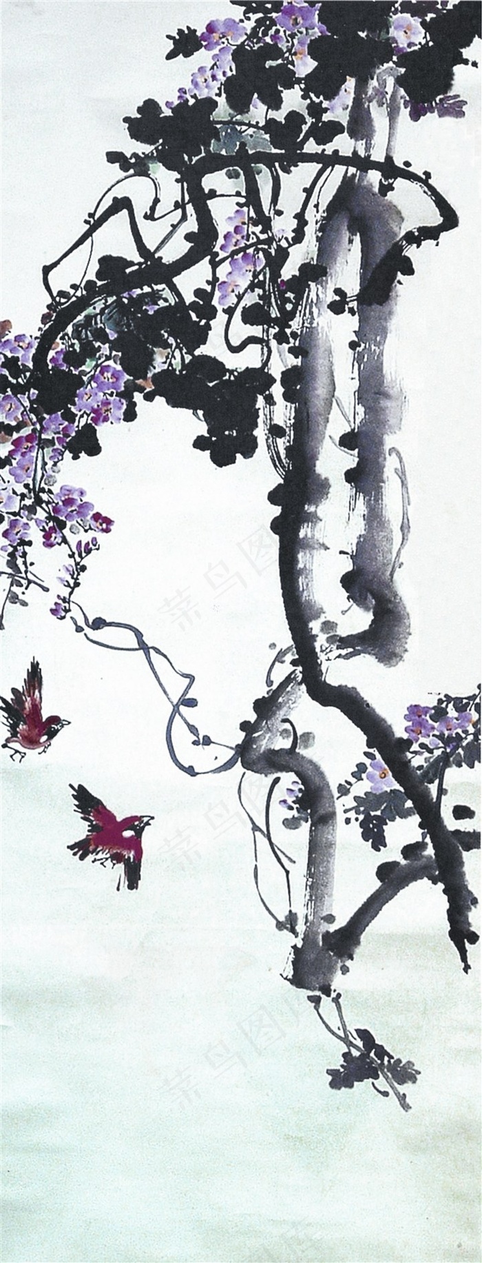 原创新中式抽象水墨花鸟艺术玄关装饰画