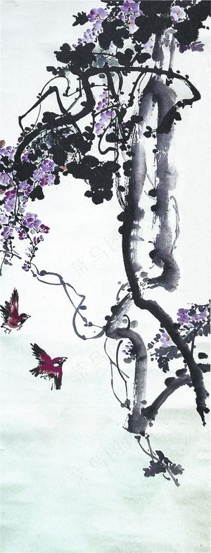 原创新中式抽象水墨花鸟艺术玄关装饰画