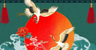 手绘仙鹤太阳国潮风展板背景