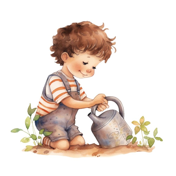 小男孩拿着水壶水桶浇水绿植草人物插画免抠