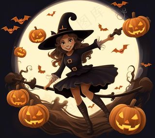 万圣节女巫南瓜灯蝙蝠恐怖卡通插画背景