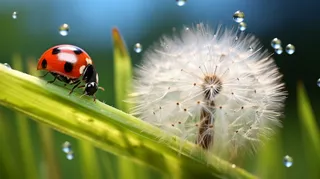 清晨瓢虫蒲公英嫩草叶上露珠摄影图