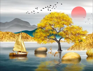 轻奢抽象麋鹿山水装饰画