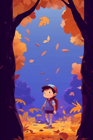 可爱儿童蓝色丰收落叶背景