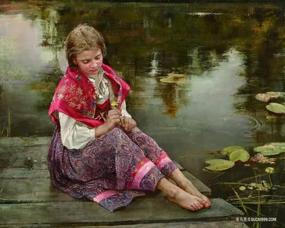 湖畔木桥坐着女士油画