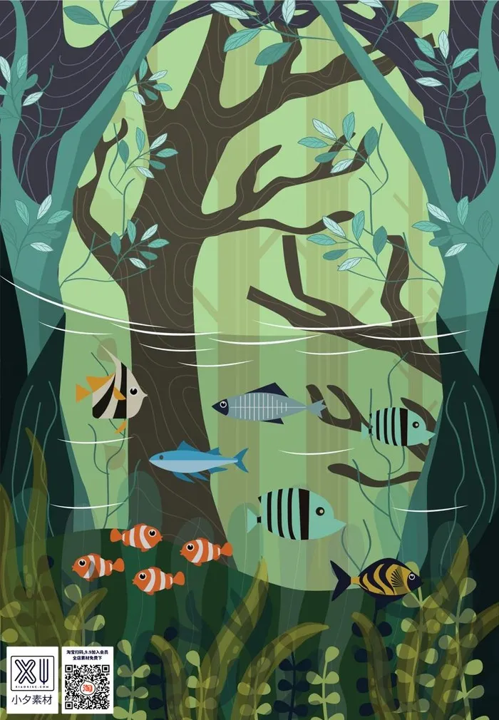 深海鱼类场景插画 (10)eps,ai矢量模版下载