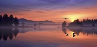 夕阳湖面倒影风光背景