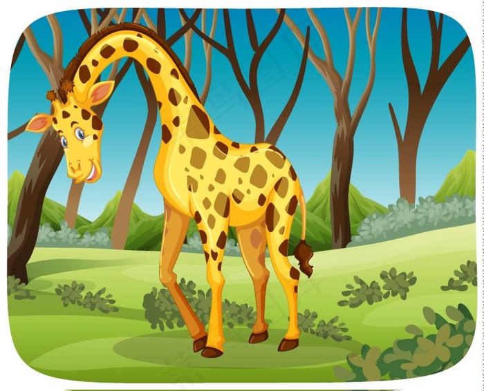 黄色卡通手绘长颈鹿动物背景素材 绿色草地森林