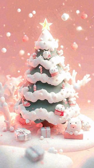 冬天圣诞树有小猫可爱，雪球雪花圣诞节