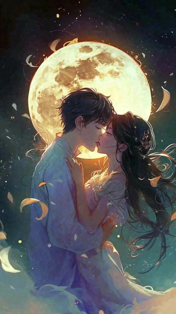月光下情侣拥抱亲吻爱情情人节，浪漫温馨夜晚月亮(816x1456)