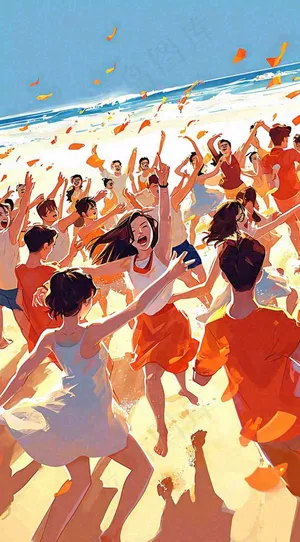 夏日阳光沙滩狂欢玩耍，音乐舞蹈缤纷烟花手绘插画