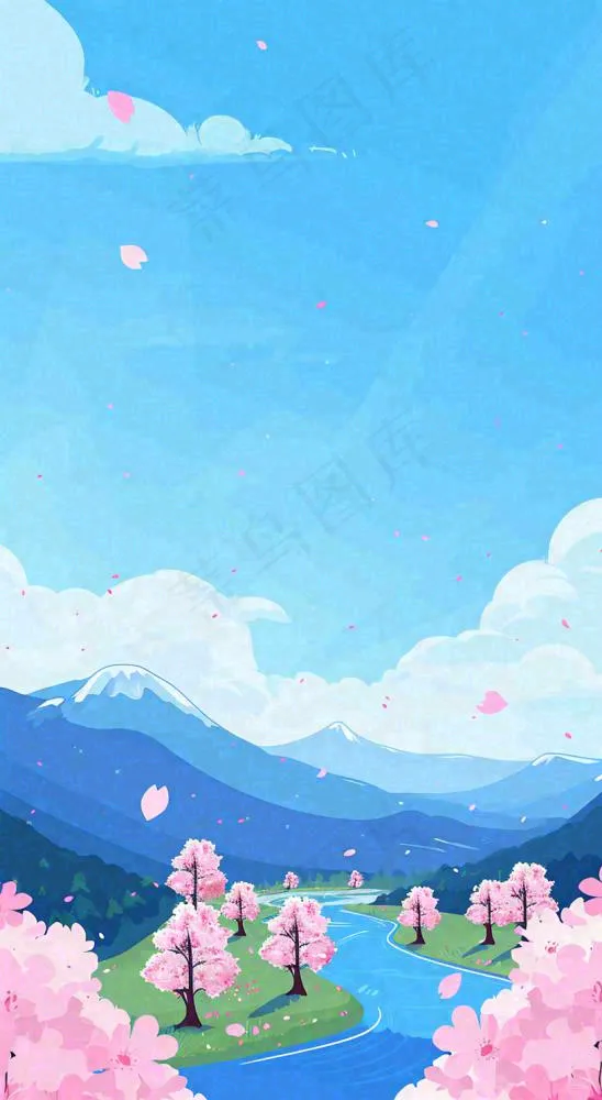 春天浪漫粉色樱花山脉河流蓝天白云清新手绘扁平插画，立春惊蛰(816x1488)