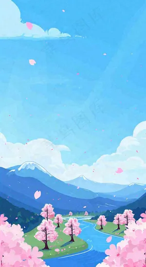 春天浪漫粉色樱花山脉河流蓝天白云清新手绘扁平插画，立春惊蛰