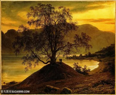 老桦树黄昏美景油画手绘插画 老桦树黄昏美景油画手绘插画