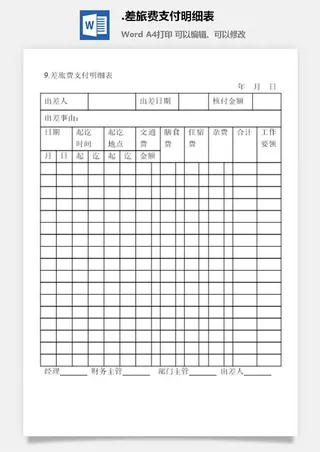 差旅费支付明细表出差管理表格