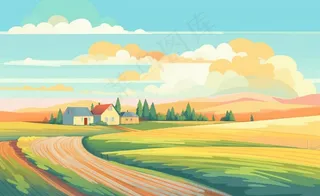 乡村村庄美丽风景河流插画农田插画背景