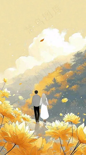 端午节老人相伴到老，菊花黄色花朵，落日山脉