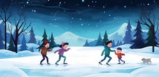 冬季在冰湖上滑冰的孩子儿童卡通插画背景