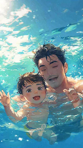 夏天游泳兄弟父子，父亲节父爱，清爽暑期夏至