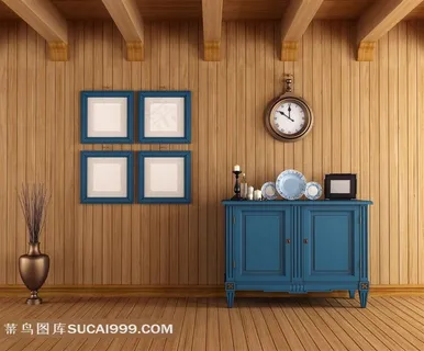 房间里的画框柜子挂钟摄影高清图片