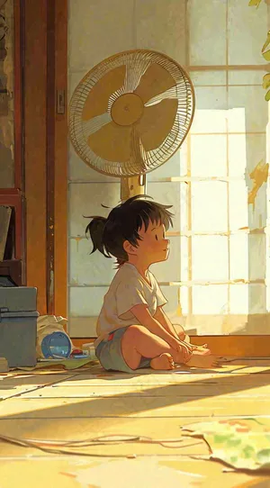 儿童在家吹风扇，夏天炎热清爽手绘插画，夏至小暑暑期