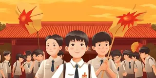 学生中国红祖国繁花背景