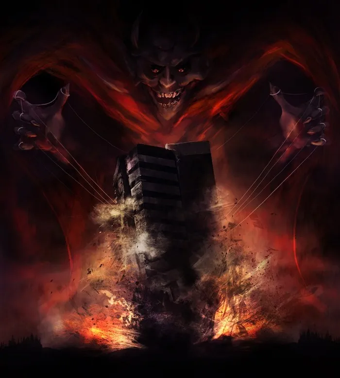 在肆意践踏建筑的恶魔角色高清图片