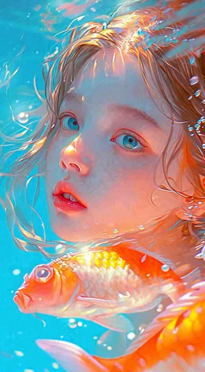 海底世界金鱼鱼类和小女孩人物游泳