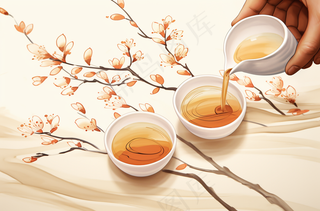泡茶倒茶茶具插画背景