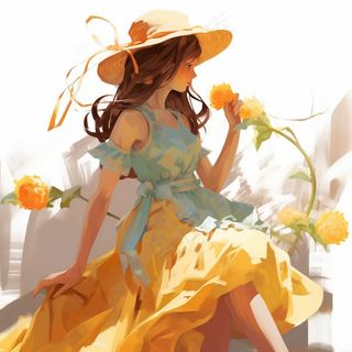 穿裙子的少女草帽色彩鲜艳卡通插画素材