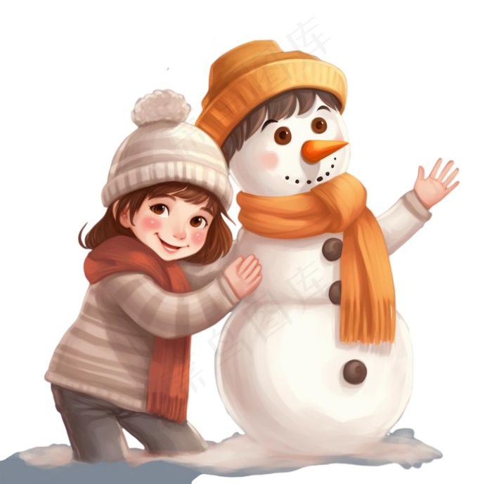 雪天女孩堆雪人卡通插画免抠(1040x1024)