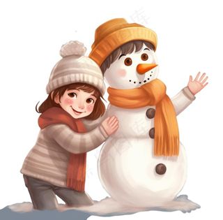 雪天女孩堆雪人卡通插画免抠