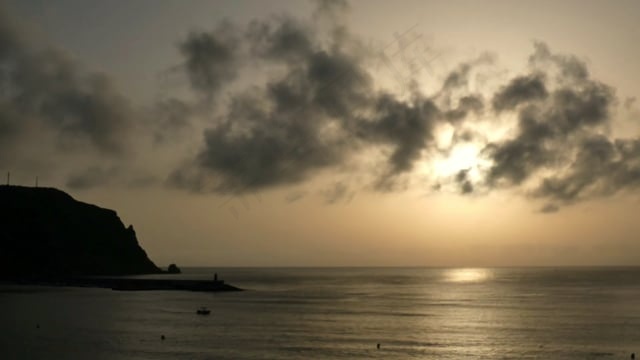 日出, 水, 船, 海, 太阳, 天空, 景观, 山, 云