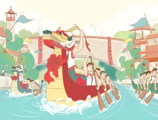 国潮风中国传统节日端午节赛龙舟粽子场景插画海报PSD设计素材