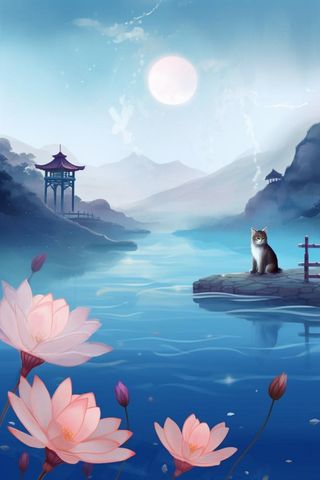 创意蓝色山水荷花荷叶背景