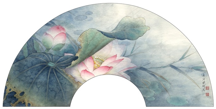 荷塘晓雾工笔画