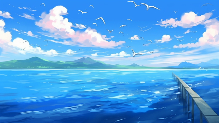 海洋湖泊海蓝色水天空白云海鸥卡通插画(x)