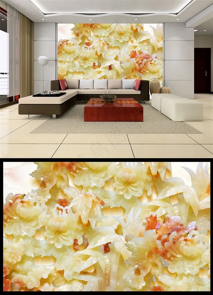 玉雕牡丹花壁画背景墙