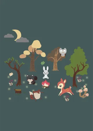 猫头鹰兔子狐狸小麋鹿树林蘑菇