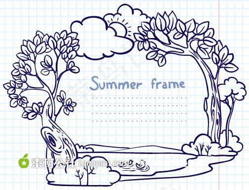 手绘大树和云朵边框矢量素材