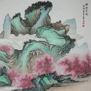 王军河工笔山水传统山水皴法国画界画《桃源春晓》