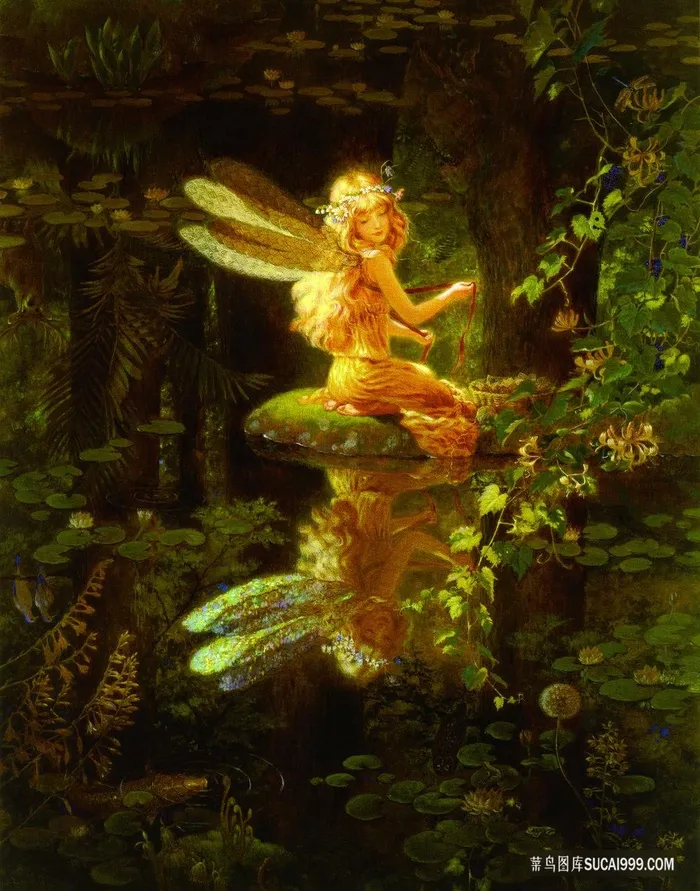 精灵美女湖畔大树油画风景画