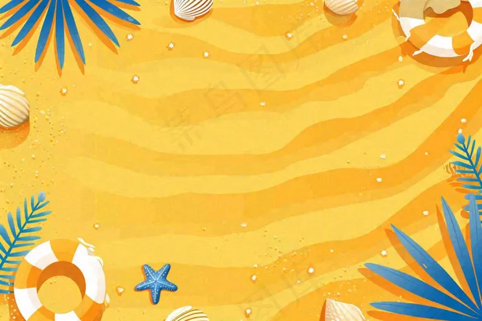 夏日阳光沙滩橙色海蓝扁平手绘插画，夏天旅行小暑大暑暑期(1344x896)