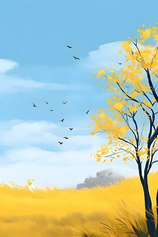 秋天清新天空树林插画黄色背景