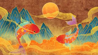 复古中国风国潮手绘烫金仙鹤锦鲤凤凰建筑黑金线描插画PS设计素材